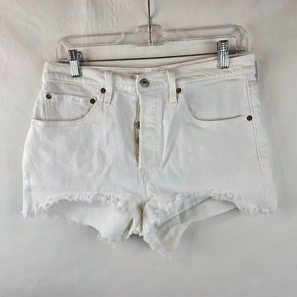 Levi’s 501 Womens 30 White Denim Shorts High Rise Button Fly Cutoff Distressed - Picture 1 of 9